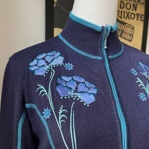 Cabela's Purple Blue Knit Embroidered Floral Zip Up Sweater S Merino Wool Blend